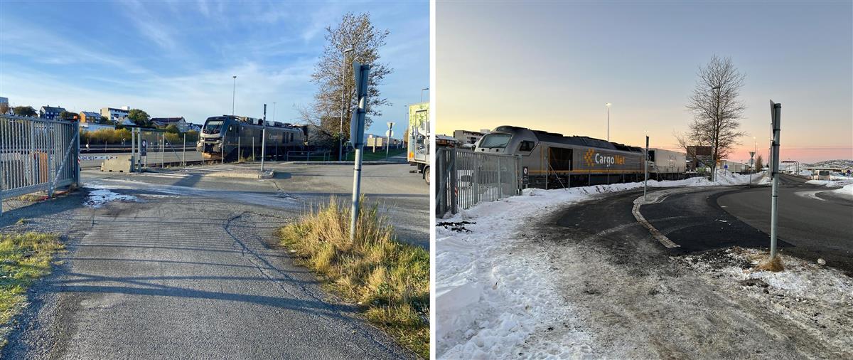 Et før- og etterbilde som viser hvordan gang- og sykkelveien nå ser ut ved rundkjøringen til Bodø havn på Rønvikleira - Klikk for stort bilde