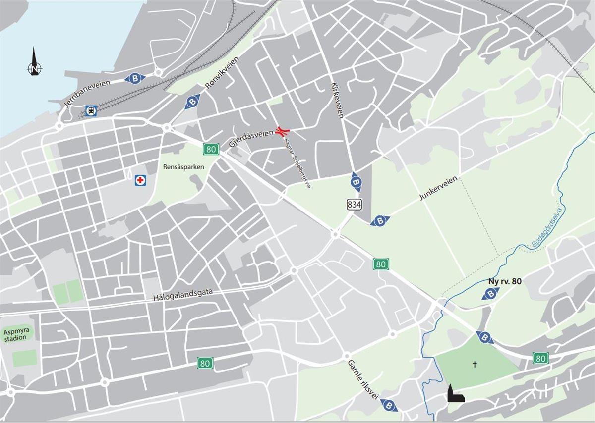 Kart med syv punkter som viser bomringen i Bodø - Klikk for stort bilde