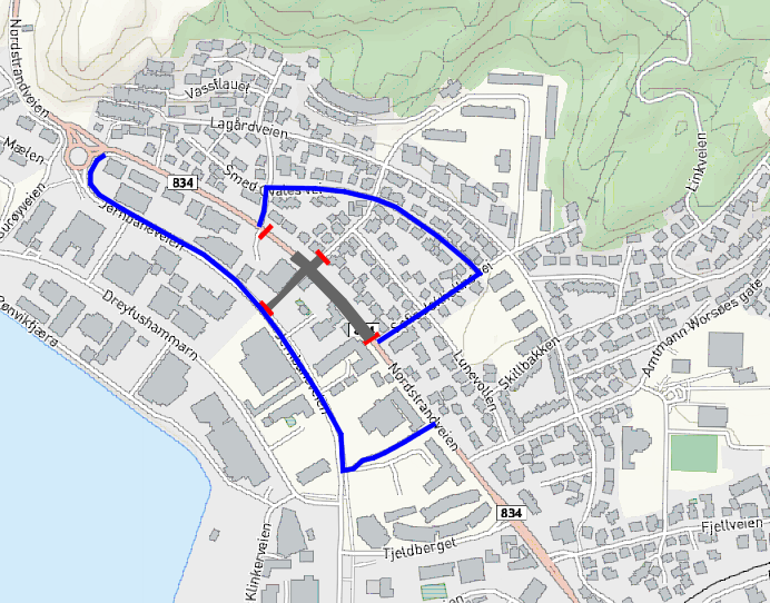 Kart viser stengepunkt og anbefalte traséer for myke trafikanter.  - Klikk for stort bilde